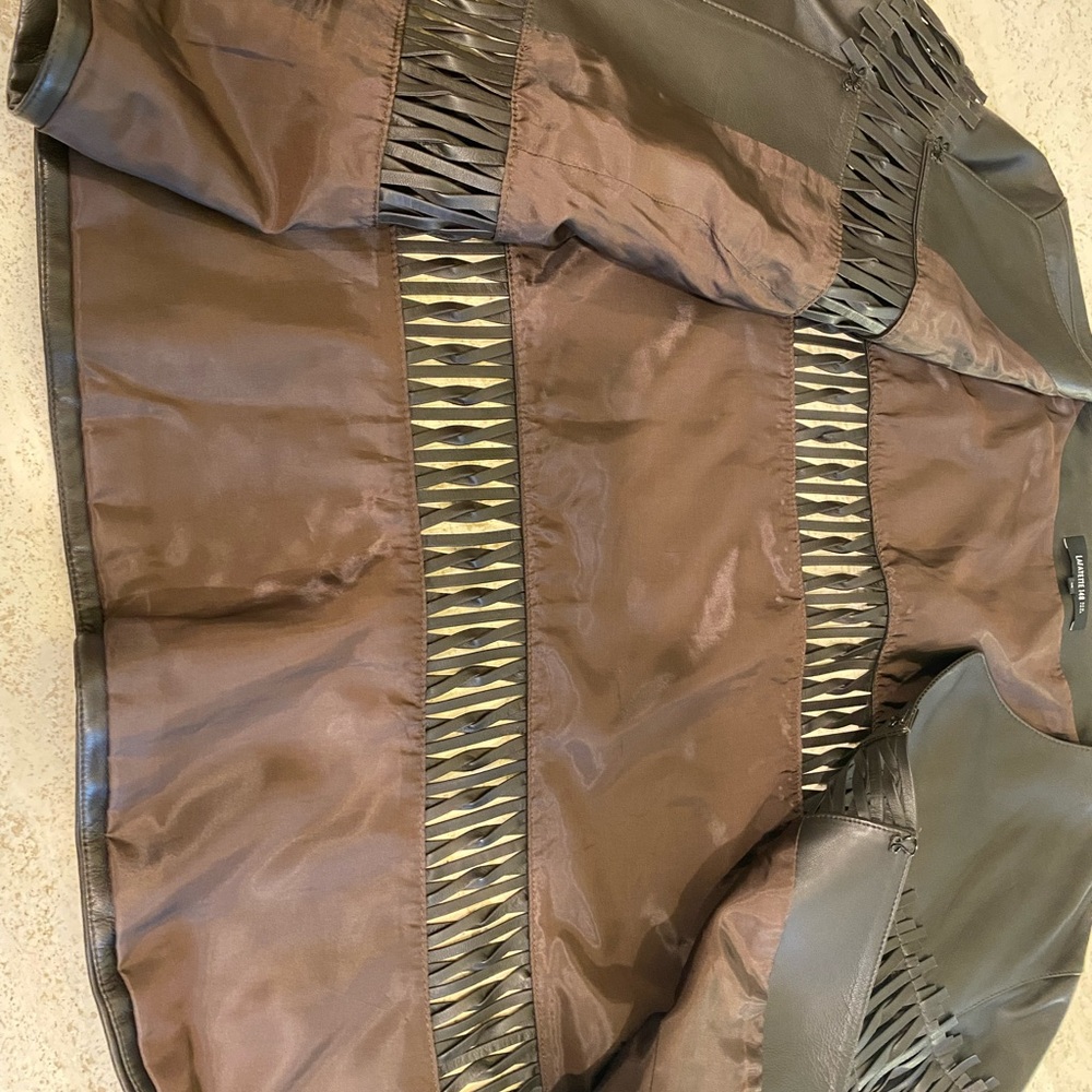 Lafayette 148 New York Dark Brown Leather Jacket with Fringe Accents - Picture 9 of 10